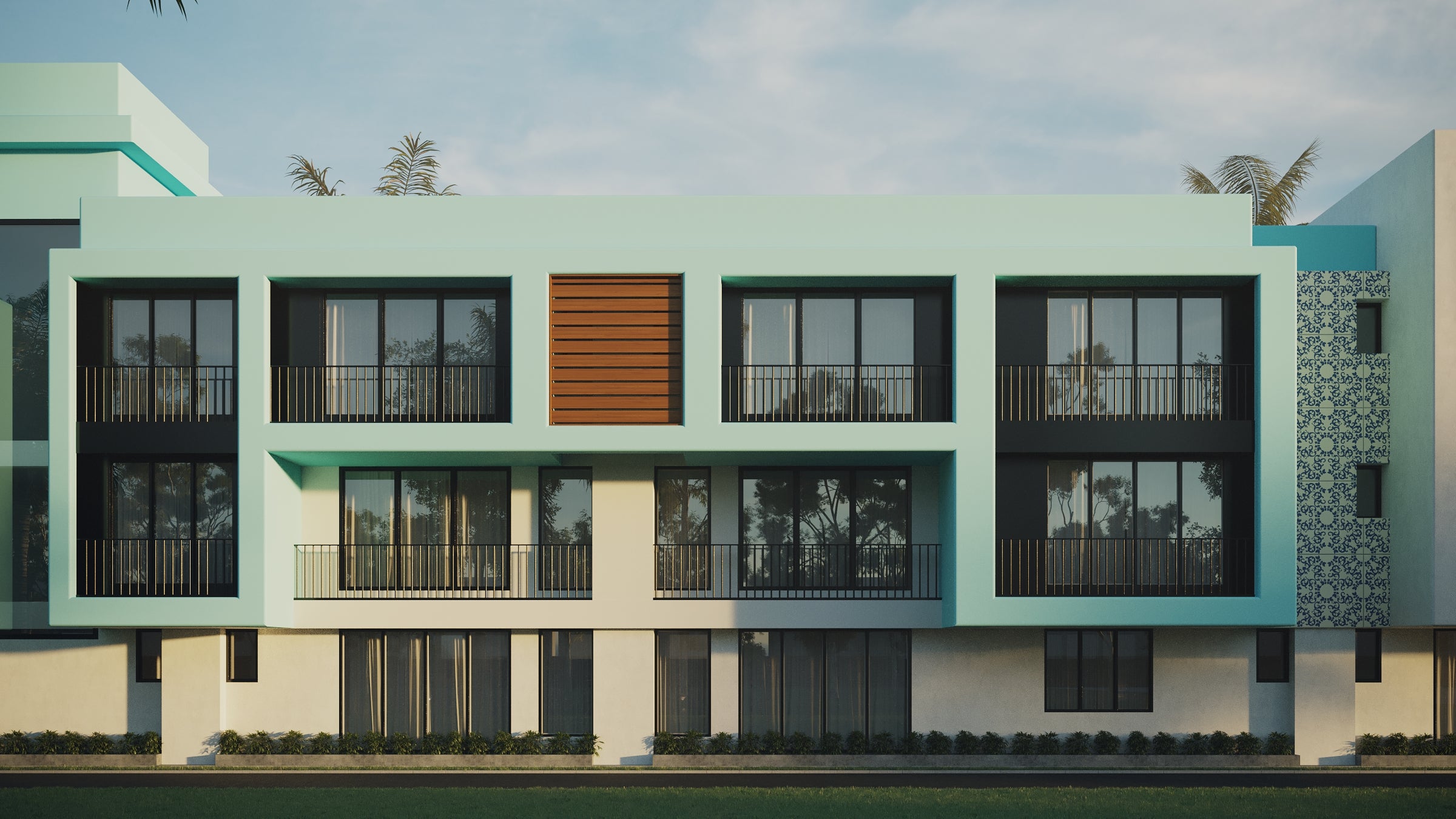 A computer generated 3d rendered image of new construction condos