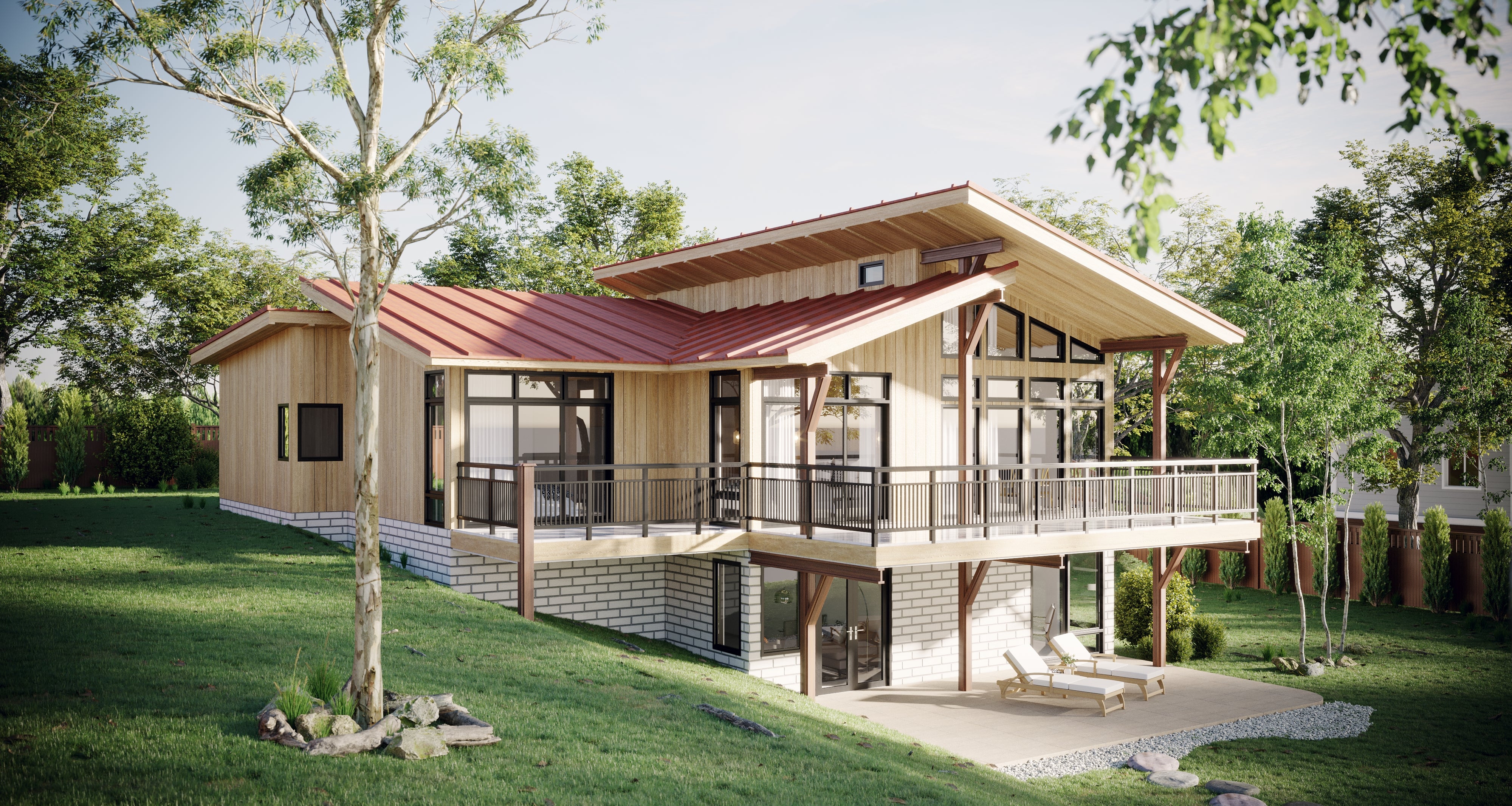 A computer generated 3d rendered image of a new construction home.