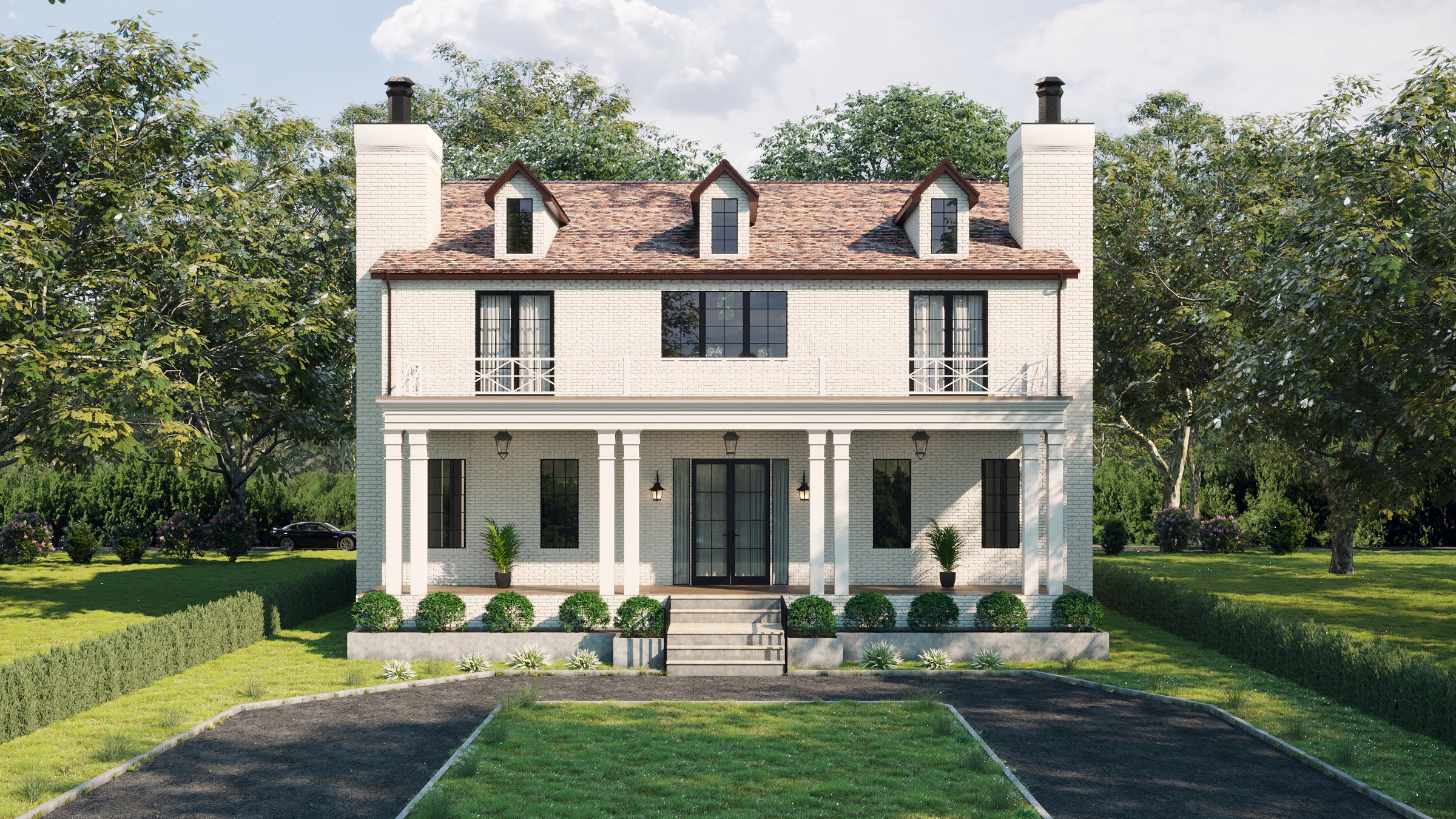 A computer generated image of a new construction home. the home is white with a brown roof.