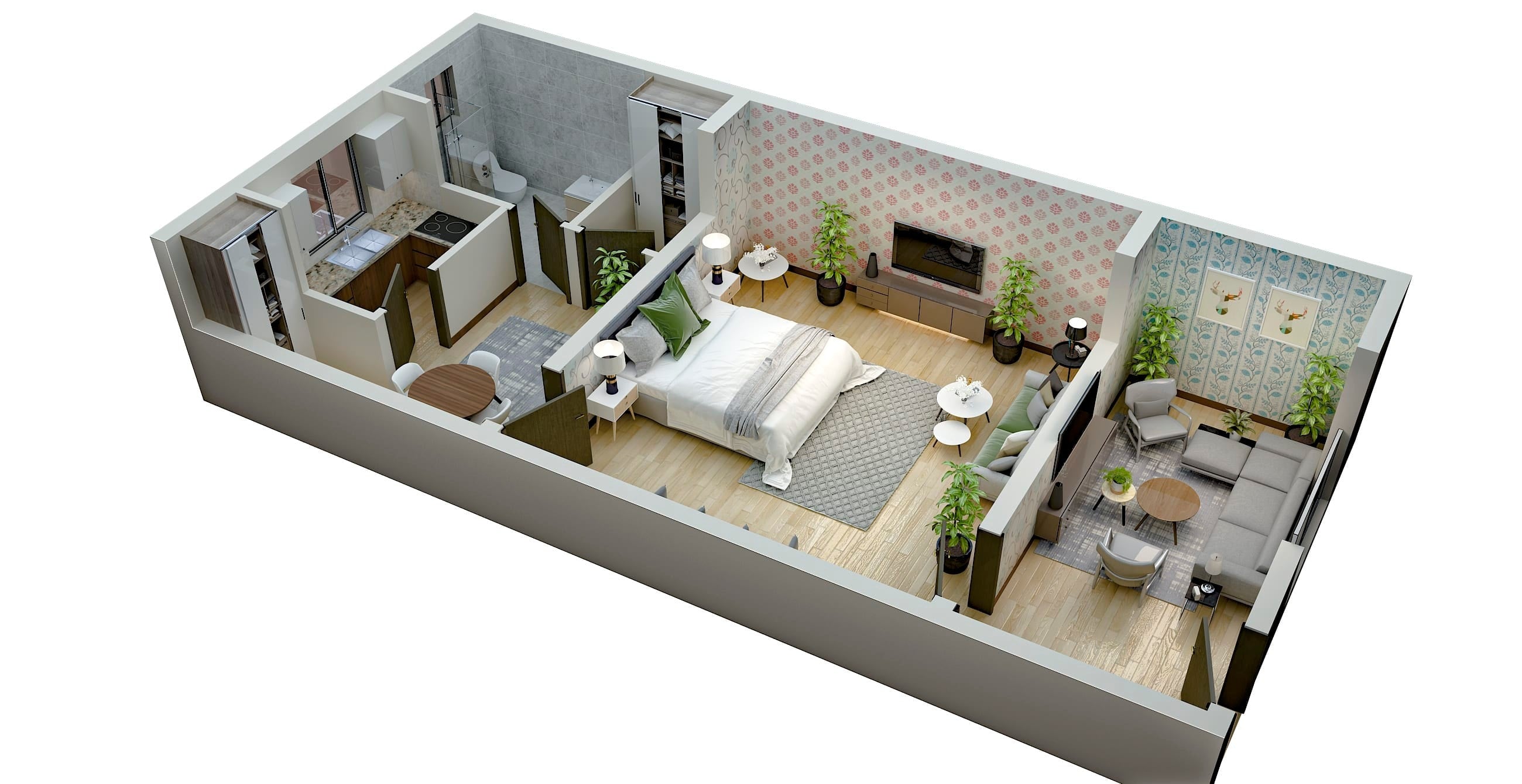 A 3D floor plan of a small apartment that's also been virtually staged with 3d furniture.
