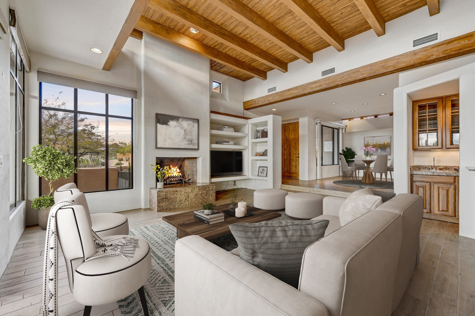 Virtually staged rustic luxury living room